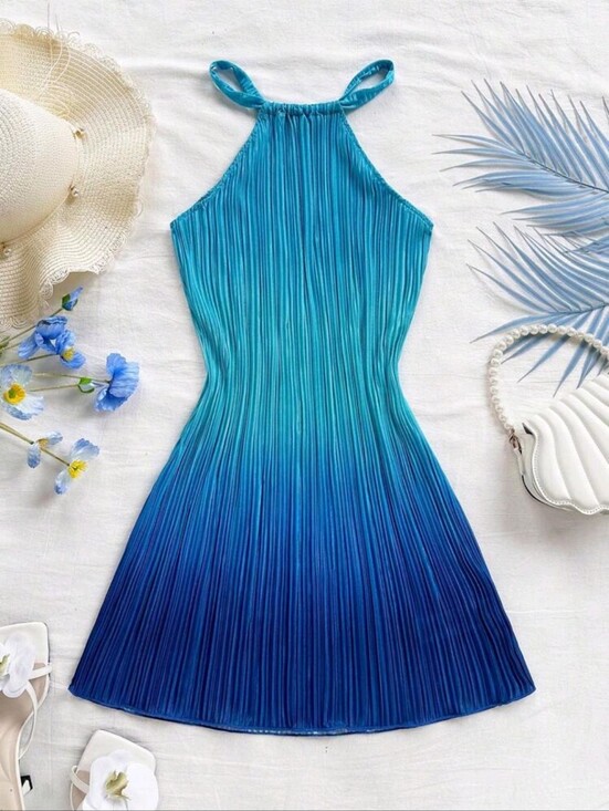 Dresses & Skirts - Blue Gradient Halter Pleated Dress